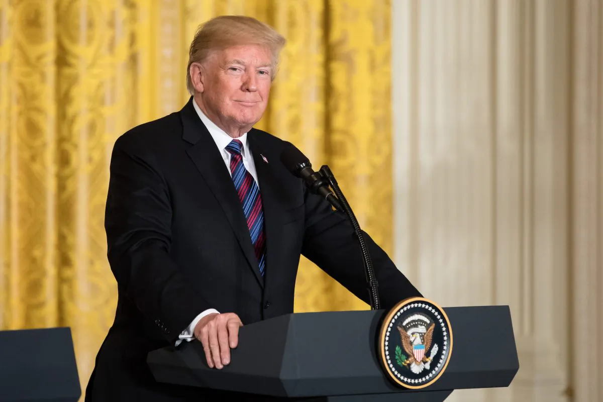 President Donald Trump at a Joint Press Conference with the Baltic States Heads of Government in the East Room of the White House in Washington on April 3, 2018. (Samira Bouaou/The Epoch Times)