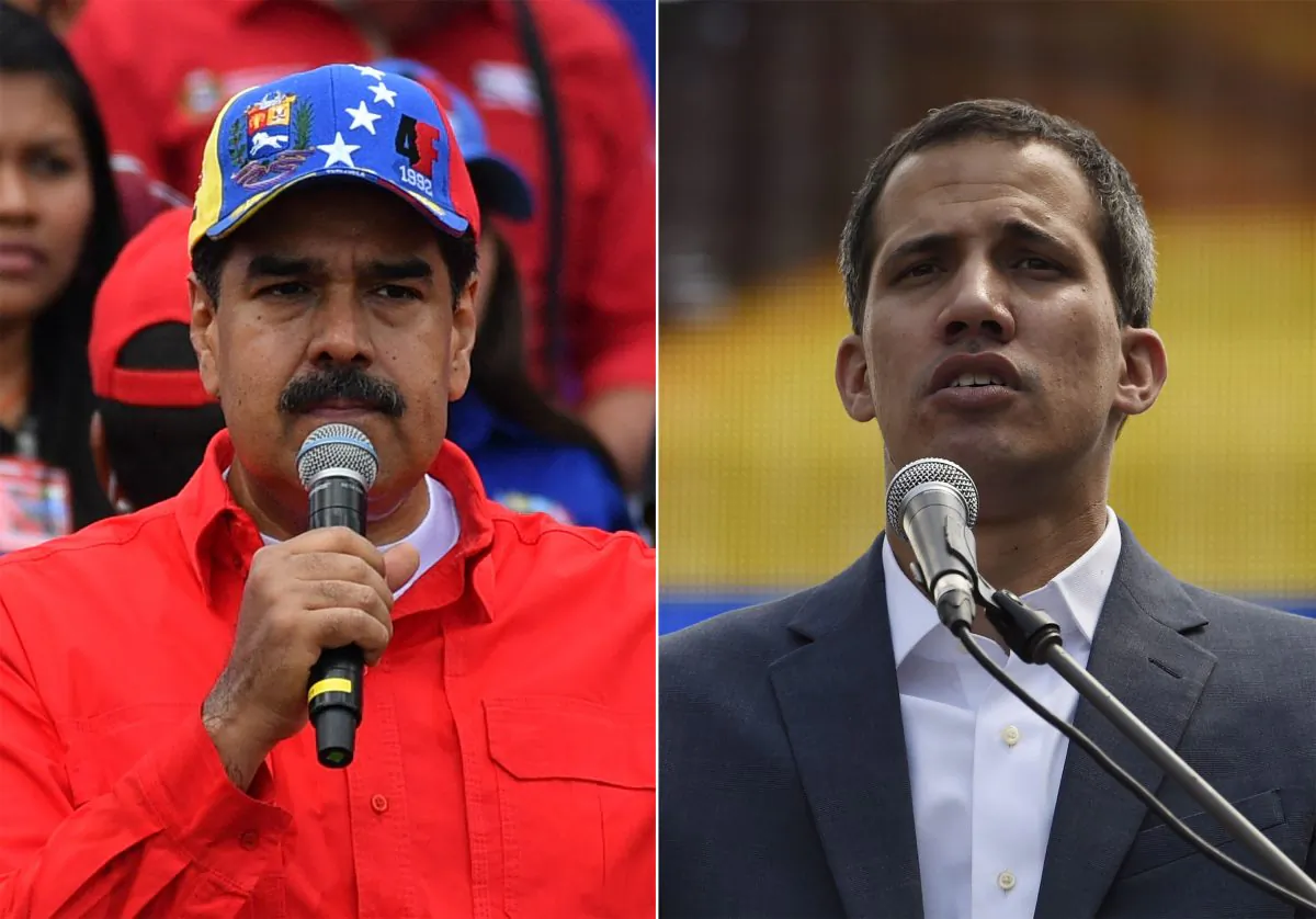 This combination of pictures created on Feb. 2, 2019, shows Nicolás Maduro (L) delivering a speech during a gathering with supporters in Caracas on Feb. 2, 2019, and opposition leader Juan Guaidó delivering a speech in Caracas on Feb. 2, 2019. (YURI CORTEZ,JUAN BARRETO/AFP/Getty Images)