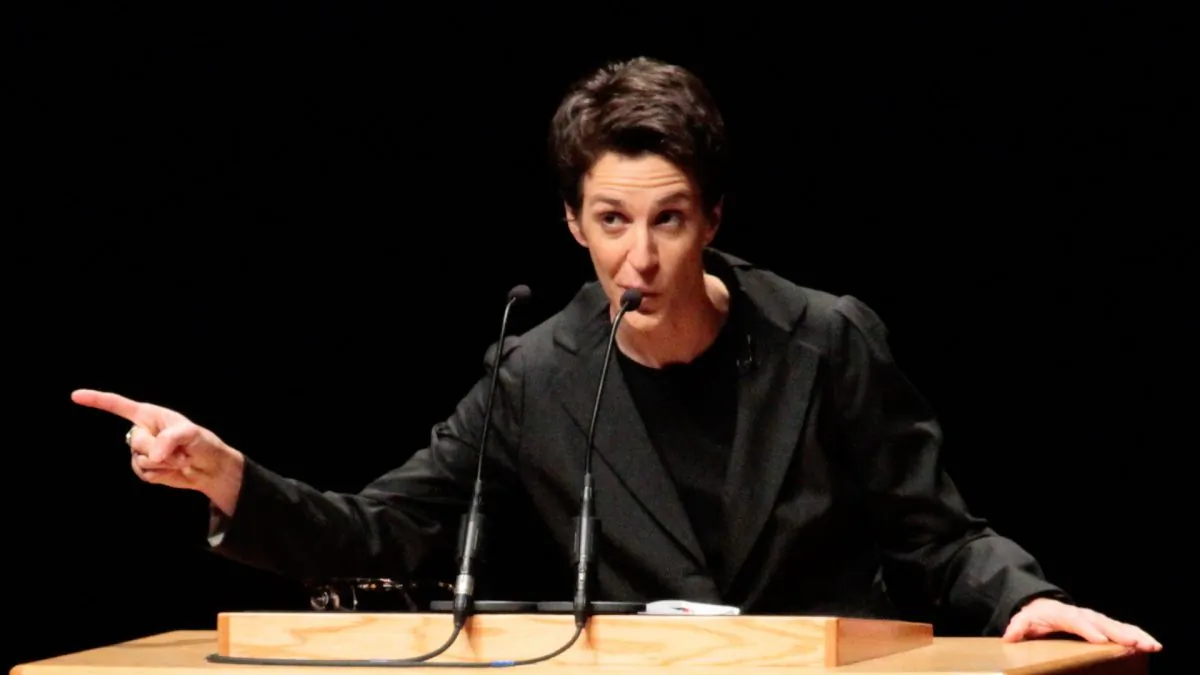 Rachel Maddow discusses the headlines of the day in Emens Auditorium at Ball State University, David Letterman's alma mater, Muncie, Indiana, Dec. 2, 2011. (Ron Hoskins/Getty Images)