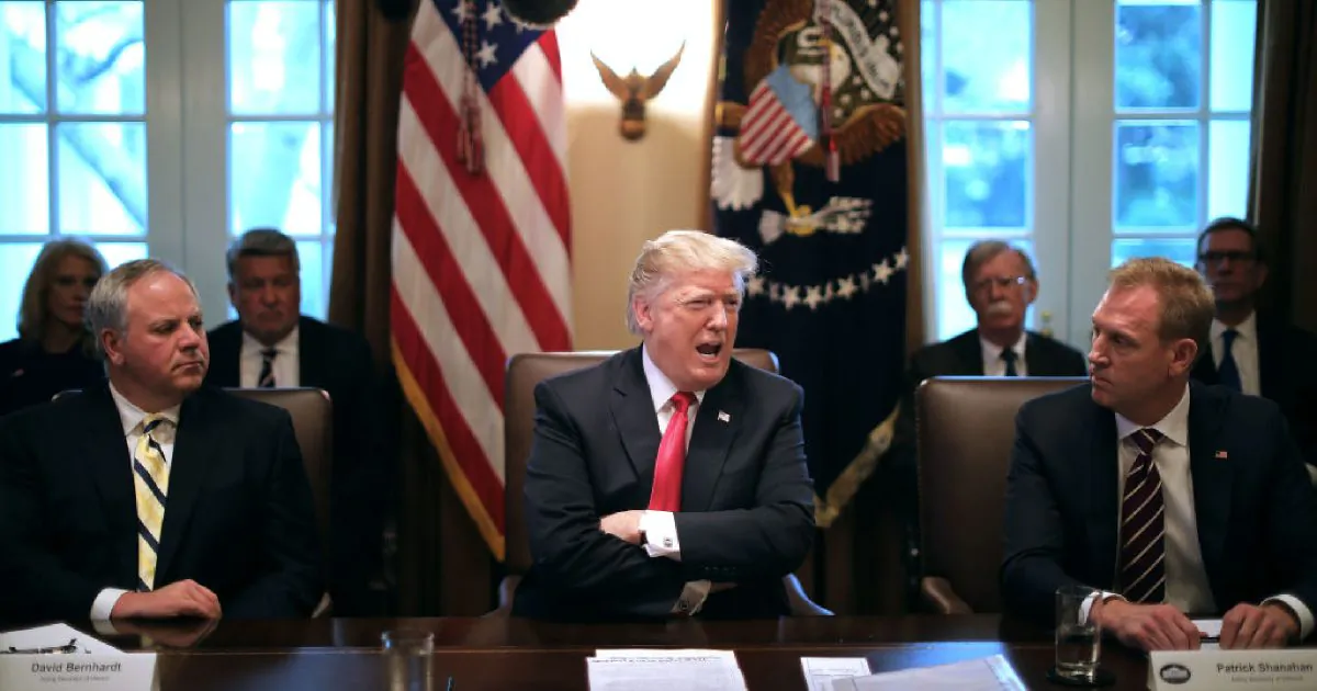 President Donald Trump (C) leads a meeting of his Cabinet, including acting Interior Secretary David Bernhardt (L) and acting Defense Secretary Patrick Shanahan, in the Cabinet Room at the White House January 02, 2019 in Washington, DC. (Chip Somodevilla/Getty Images)