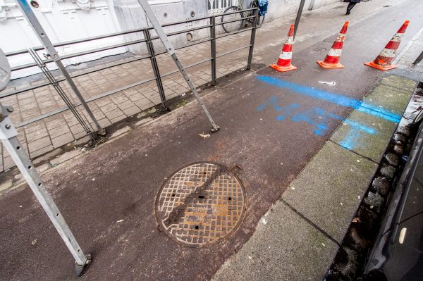 The blue lines on the ground indicate where the tunnels are located