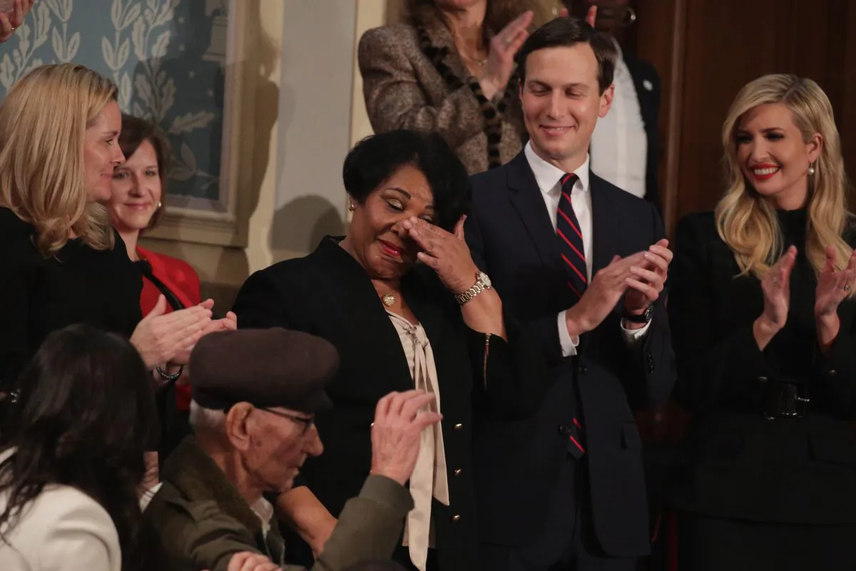 Alice Johnson (C), special guest of President Donald Trump, with Jared Kushner and Ivanka Trump, attends the State of the Union address in the chamber of the U.S. House of Representatives in Washington, on Feb. 5, 2019. (Alex Wong/Getty Images)