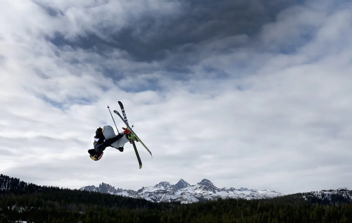 Man is seen in the air while skiing at Mammoth Mountain ski resort in Mammoth, Calif. on Jan. 21, 2018. (Sean M. Haffey/Getty Images)