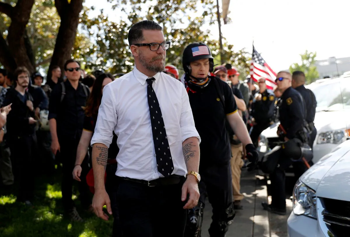 Co-founder of Vice Media Gavin McInnes leaves a group of protesters after giving a speech at the University of California, Berkeley, in Berkeley, California, U.S., April 27, 2017. (Stephen Lam/AP)