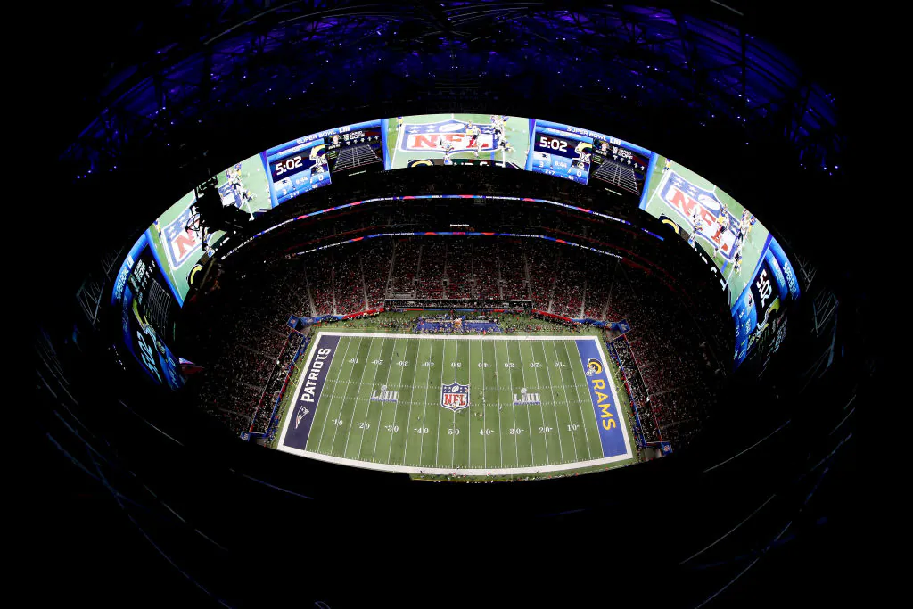  An aerial view inside Mercedes-Benz Stadium in the first half during Super Bowl LIII at Mercedes-Benz Stadium in Atlanta, Georgia, on Feb. 3, 2019. (Kevin C. Cox/Getty Images)