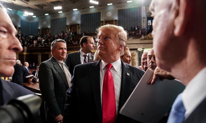 President Donald Trump departs the chamber of the U.S. House of Representatives after delivering the State of the Union address at the U.S. Capitol Building in Washington on Feb. 5, 2019. (Doug Mills-Pool/Getty Images)