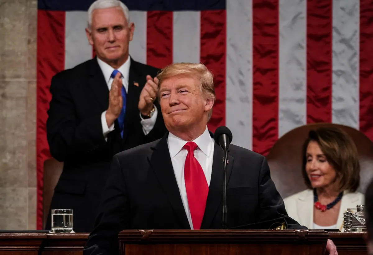 President Donald Trump delivered the State of the Union address, with Vice President Mike Pence and Speaker of the House Nancy Pelosi, at the Capitol in Washington, on Feb. 5, 2019. (Doug Mills/The New York Times POOL PHOTO NYTSOTU)