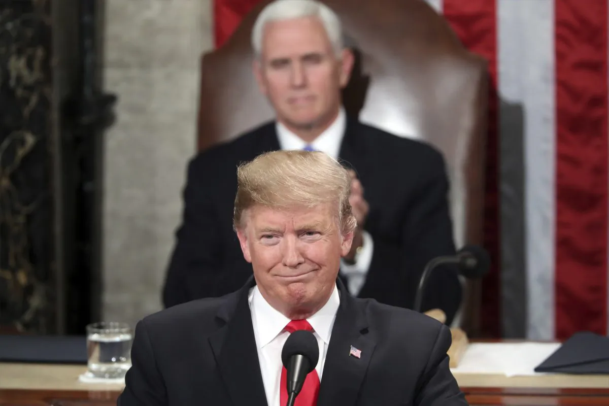 President Donald Trump delivers his State of the Union address to a joint session of Congress on Capitol Hill in Washington, as Vice President Mike Pence watches on Feb. 5, 2019. (AP Photo/Andrew Harnik)