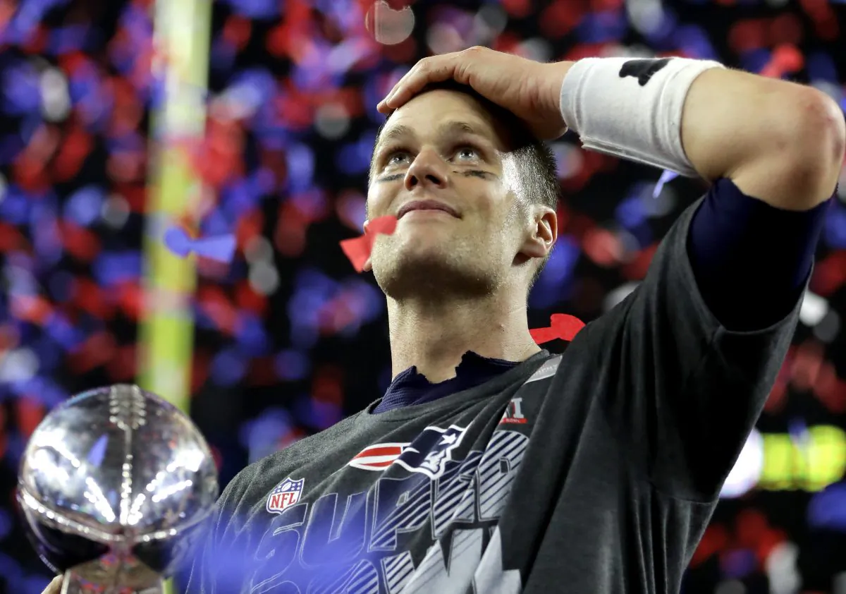 Tom Brady of the New England Patriots celebrating after the Patriots defeated the Atlanta Falcons 34-28 during Super Bowl 51 at NRG Stadium in Houston, Texas on Feb. 5, 2017. (Ronald Martinez/Getty Images)