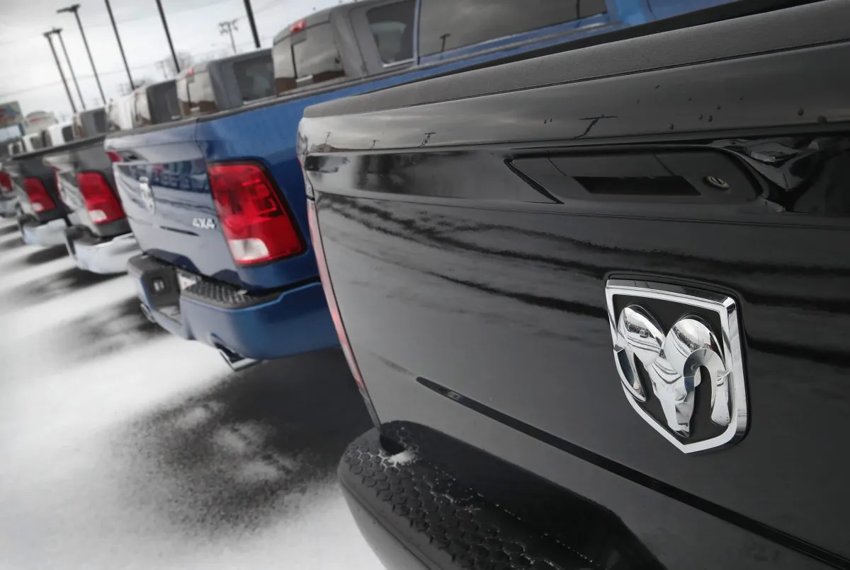 Ram 1500 trucks are offered for sale at a dealership on January 12, 2017 in Elmhurst, Illinois. (Scott Olson/Getty Images)