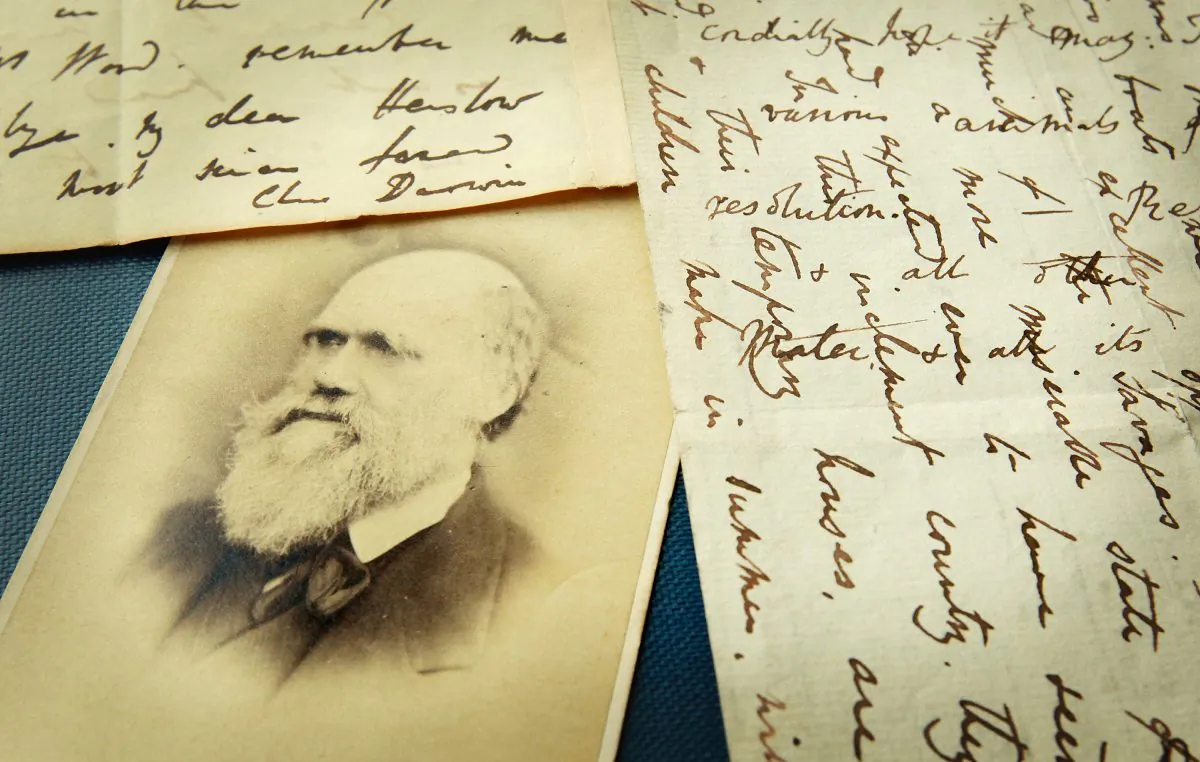 Original letters from Charles Darwin are displayed at the Herbaruim library at the Royal Botanic Gardens in London, UK, on March 25, 2009. (Peter Macdiarmid/Getty Images)