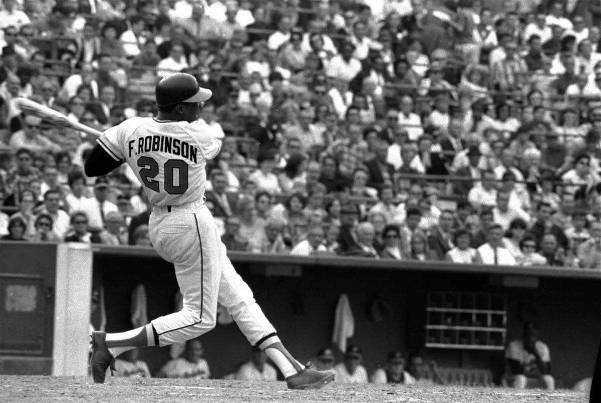 Baltimore Orioles' Frank Robinson at bat. Hall of Famer Frank Robinson, the first black manager in Major League Baseball and the only player to win the MVP award in both leagues. (AP)