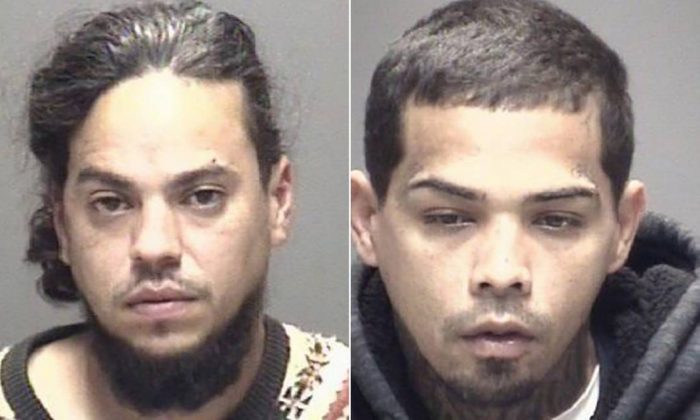 Jose Lugo (L) and Luis Jimenez are charged with aggravated robbery in Texas City after police said they showed up to an area home wearing clown masks and armed with a machete, in Texas City, Texas, on Feb. 1, 2019. (Galveston County Sheriff’s Office)