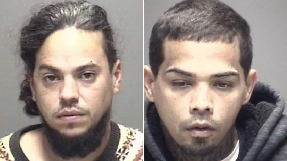 Jose Lugo (L) and Luis Jimenez are charged with aggravated robbery in Texas City after police said they showed up to an area home wearing clown masks and armed with a machete, in Texas City, Texas, on Feb. 1, 2019. (Galveston County Sheriff’s Office)