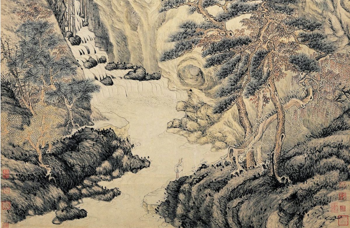A detail from "Lofty Mount Lu," 1467, by Shen Zhou. Hanging scroll with ink and color on paper, 76.3 inches by 38.6 inches. National Palace Museum, Taipei.  (Public Domain)
