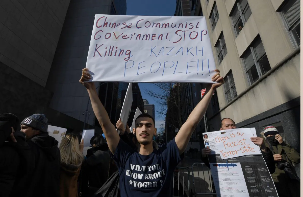 People protest at a Uyghur rally in front of the U.S. Mission to the United Nations on Feb. 5, 2019 to encourage the State Department to fight for the freedom of the majority-Muslim Uyghur population unjustly imprisoned in Chinese concentration camps. (Timothy A. Clary/AFP/Getty Images)