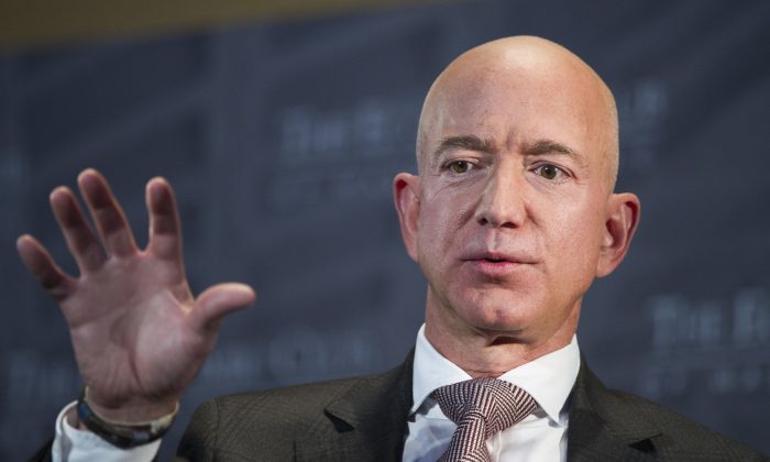 Jeff Bezos, Amazon founder and CEO, speaks at The Economic Club of Washington's Milestone Celebration in Washington, on Sept. 13, 2018. (Cliff Owen/AP Photo)