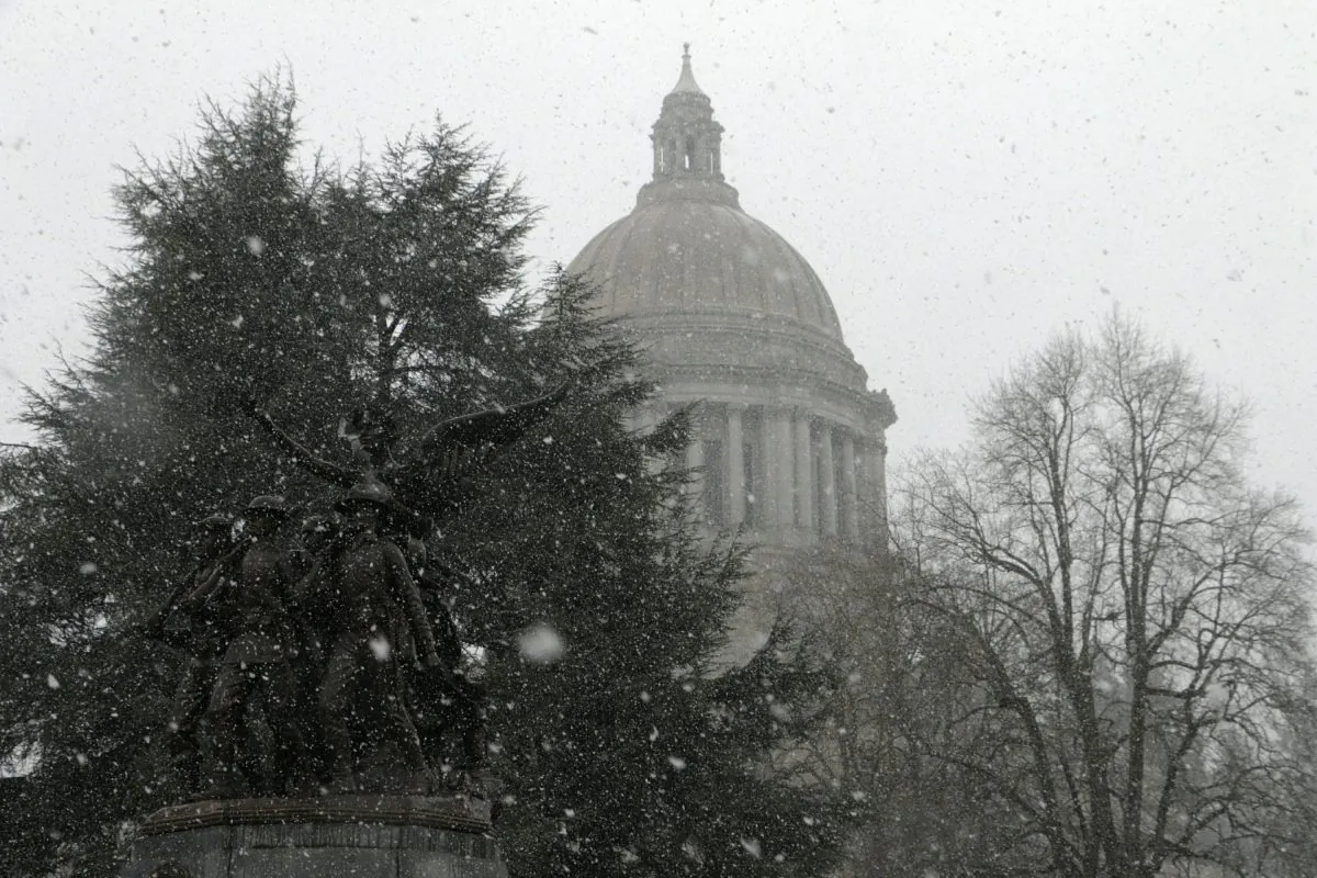 Snow falls at the Washington Capitol in Olympia, Wash., on Feb. 8, 2019. (Photo/Rachel La Corte/AP)