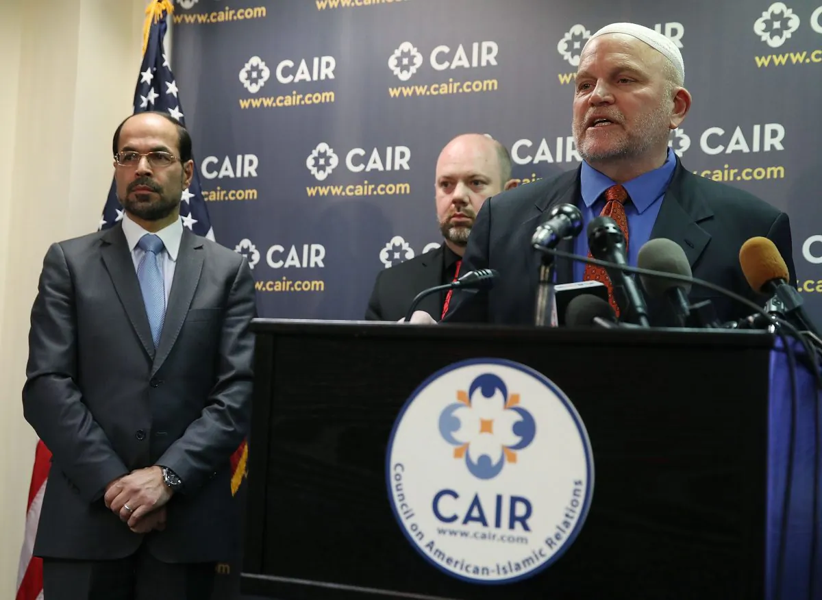 Ibrahim Hooper (R), Corey Saylor (C), and Gadeir Abbas (L), of the Council on American-Islamic Relations (CAIR), at a press conference on March 6, 2017 in Washington, DC. (Mark Wilson/Getty Images)
