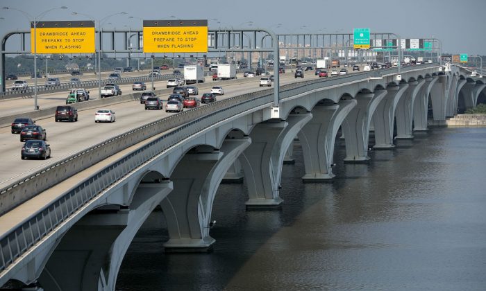 Automobile traffic moves across the Woodrow Wilson Bridge along the Capitol Beltway during rush hour in Fort Washington, Md., on July 3, 2018. Chip Somodevilla/Getty Images
