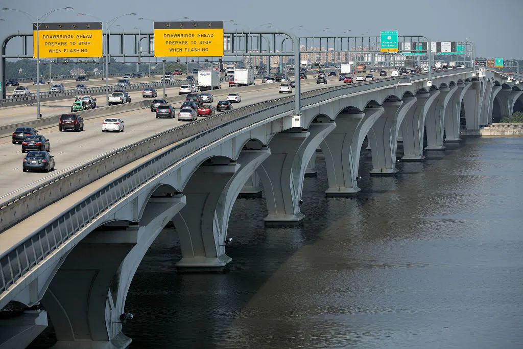 Automobile traffic moves across the Woodrow Wilson Bridge along the Capitol Beltway during rush hour in Fort Washington, Md., on July 3, 2018. Chip Somodevilla/Getty Images