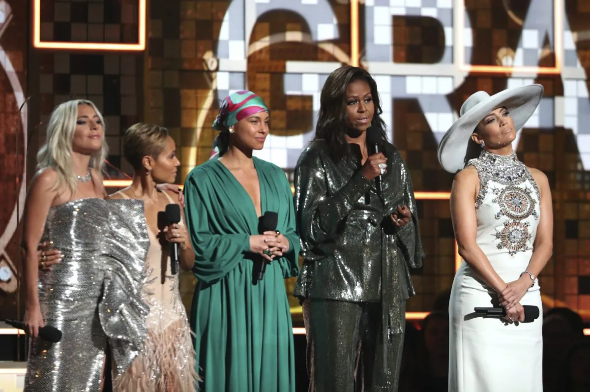 Lady Gaga, from left, Jada Pinkett Smith, Alicia Keys, Michelle Obama and Jennifer Lopez speak at the 61st annual Grammy Awards in Los Angeles on Feb. 10, 2019, (Matt Sayles/Invision/AP)