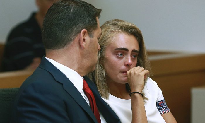 Michelle Carter awaits her sentencing in a courtroom in Taunton, Mass., on Aug. 3, 2017, for involuntary manslaughter for encouraging Conrad Roy III to kill himself in July 2014. (Matt West/The Boston Herald via AP)