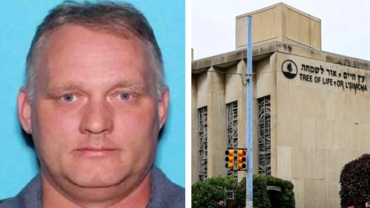 (L): Robert Bowers. (Pennsylvania Department of Transportation via AP); The Tree of Life synagogue in Pittsburgh, Pa. (John Altdorfer/Reuters)
