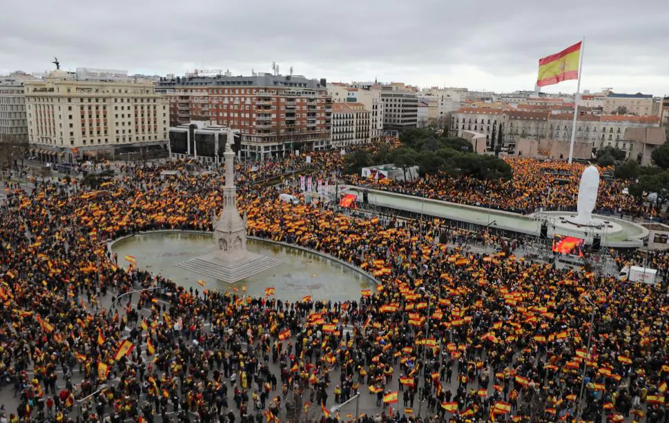 People gather during a protest called by right-wing opposition parties against Spanish Prime Minister Pedro Sanchez at Colon square in Madrid, Spain, Feb. 10, 2019. (Sergio Perez/Reuters)