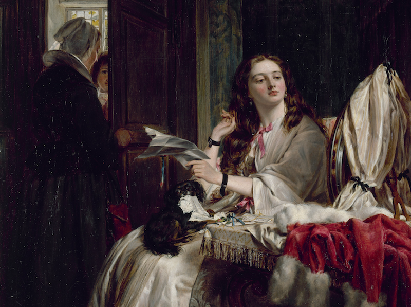 By the Victorian era, Valentine’s Day was a notable holiday, as this painting of a young lady with a love letter shows. “The Morning of St Valentine,” 1865, John Callcott Horsley. Walker Art Gallery. (Public Domain)
