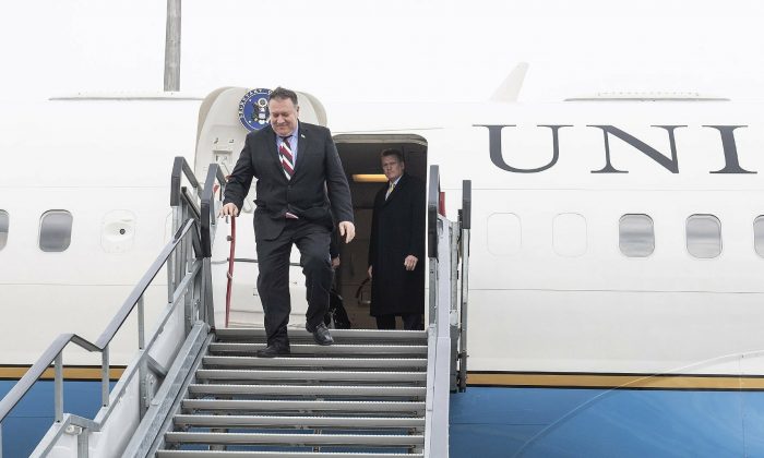 U.S. Secretary of State Mike Pompeo arrives at Liszt Ferenc International Airport in Budapest on Feb. 11, 2019. Pompeo is on an official visit to Hungary. (Marton Kovacs/KKM/MTI via AP)