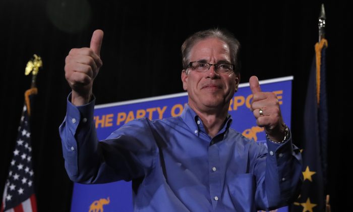 Republican Senate candidate Mike Braun celebrates at an election night rally in Indianapolis, Indiana on Nov. 6, 2018. (Jim Young/Getty Images)