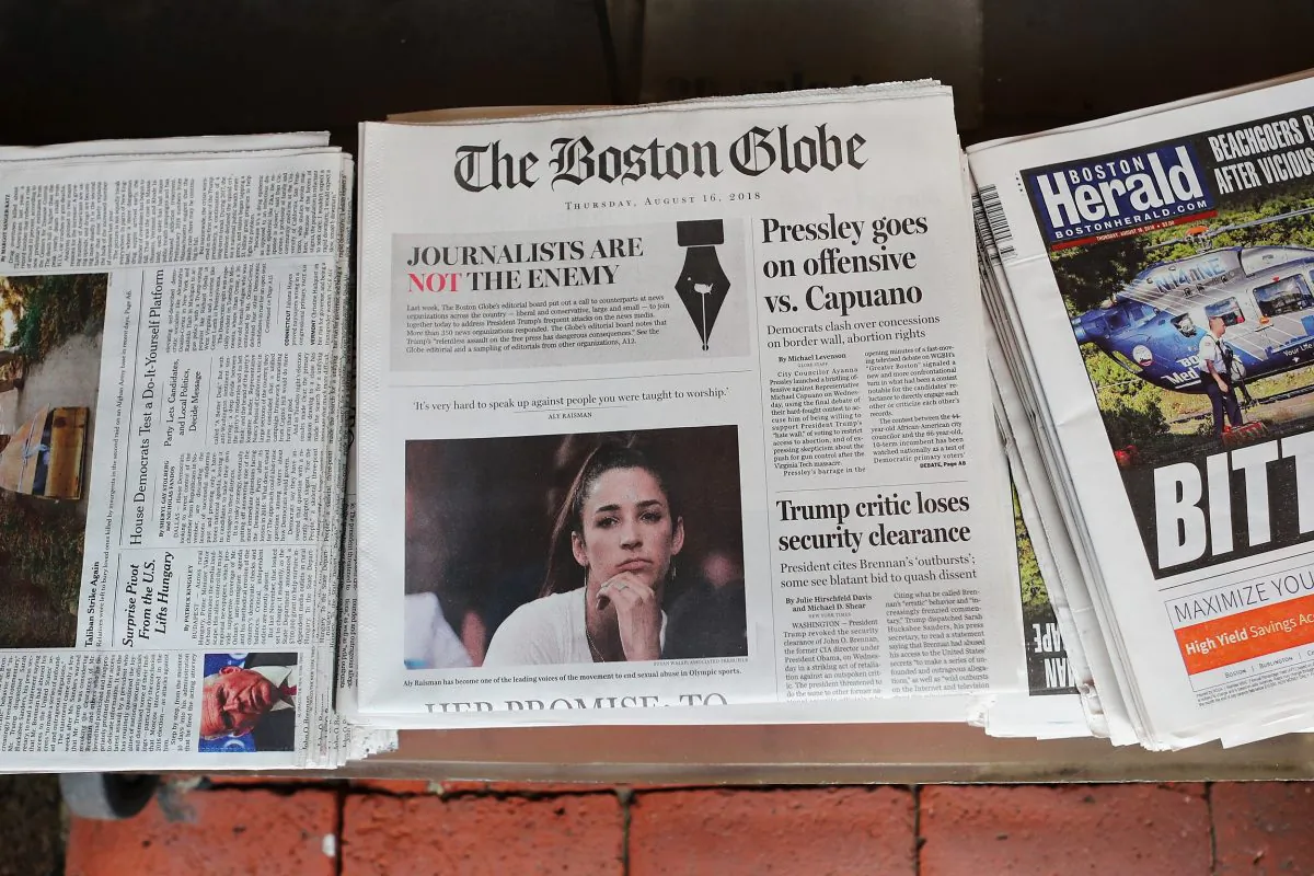 The front page of the August 16, 2018 edition of the Boston Globe newspaper reads "Journalists are Not the Enemy." (Tim Bradbury/Getty Images)