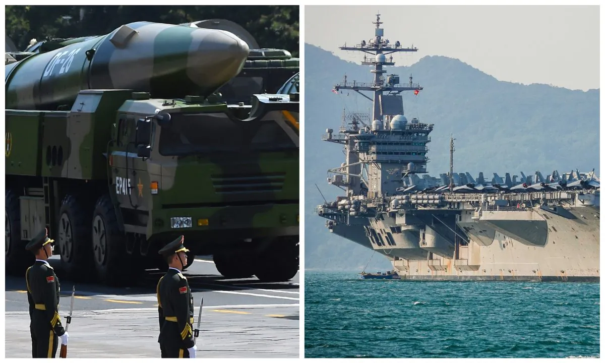 (L) Military vehicles carrying DF-26 ballistic missiles, developed to attack aircraft carriers, in Beijing on September 3, 2015; the United States aircraft carrier, USS Carl Vinson in Danang, Vietnam on March 5, 2018. (GREG BAKER/AFP/Getty Images; Getty Images/Getty Images)