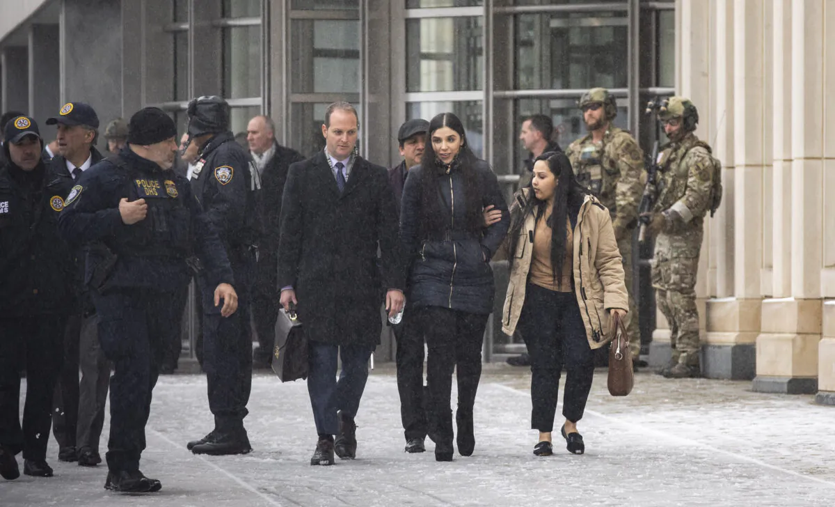 Mexican drug lord El Chapo's wife, Emma Coronel Aispuro, exits the U.S. District Court for the Eastern District of New York on Feb. 12, 2019. (Drew Angerer/Getty Images)