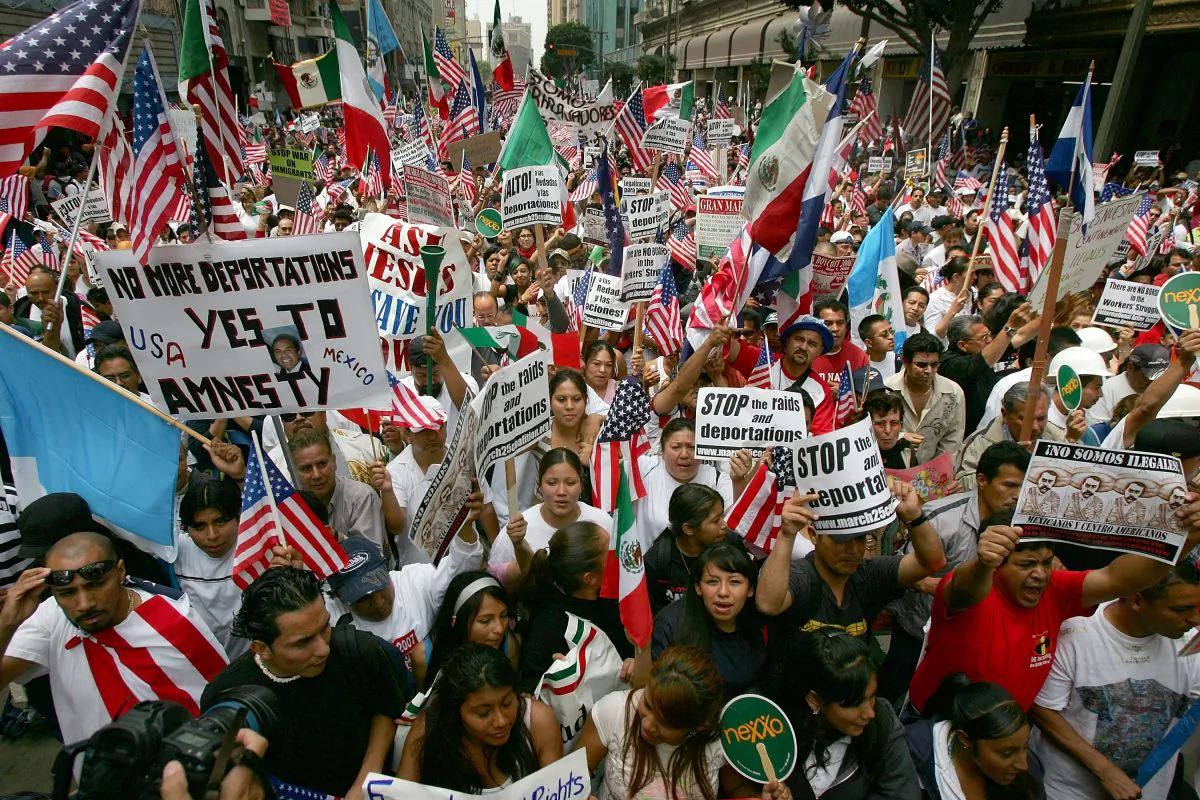Thousands of demonstrators march through downtown to City Hall in one of several May Day marches and rallies in southern California and in at least 75 cities nationwide to press for immigrant and labor rights on May 1, 2007 in Los Angeles, California. David McNew/Getty Images