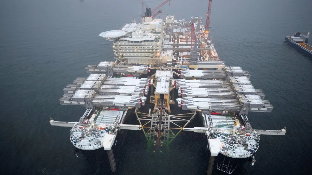 The pipelay vessel Pioneering Spirit starts the pipe laying operation for the Nord Stream 2 pipeline in the Gulf of Helsinki, Finland, on Dec. 23, 2018. (Axel Schmidt/Reuters)
