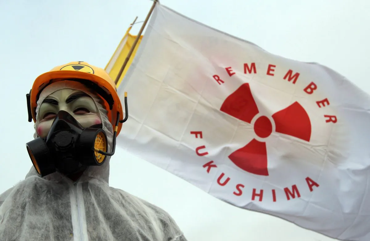A masked protester stands in front of flags at the gates to the Hinkley Point nuclear power station to mark the first anniversary of the Fukushima disaster in Japan near Bridgewater, England on March 10, 2012. (Matt Cardy/Getty Images)