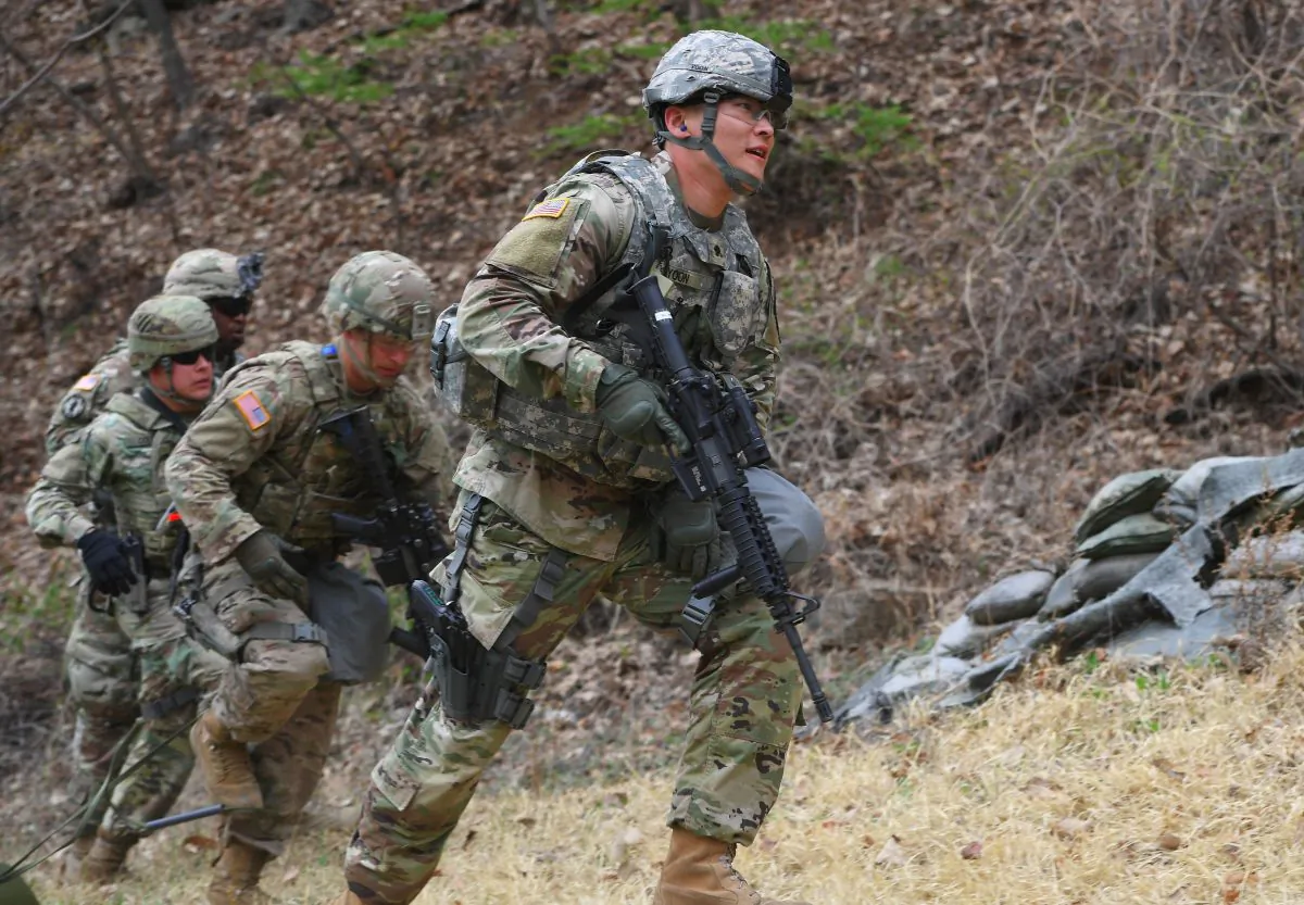 U.S. soldiers train at Camp Casey in Dongducheon, north of Seoul, on April 10, 2018. (JUNG YEON-JE/AFP/Getty Images)
