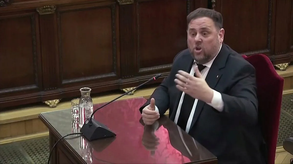 Former Catalan Vice President Oriol Junqueras testifies before judges at the Supreme Court in Madrid on Feb. 14, 2019. (Reuters TV/Reuters)