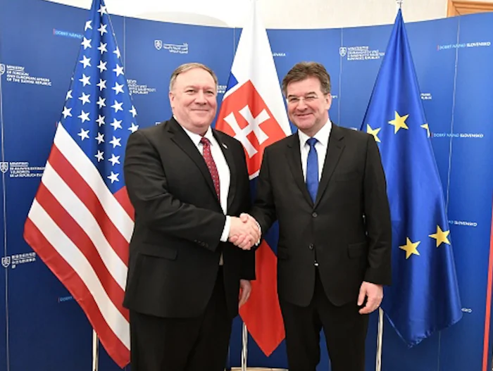 Secretary of State Mike Pompeo (L) shakes hands with Slovakias foreign minister Miroslav Lajcak on the sidelines of a meeting in Bratislava, Slovakia,  on Feb. 12,2019.   (JOE KLAMAR / AFP / Getty Images)
