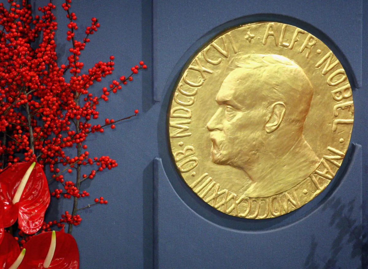 A plaque depicting Alfred Nobel at the Nobel Peace Prize Ceremony 2008 in Oslo City Hall in Oslo, Norway, on Dec. 10, 2008. (Chris Jackson/Getty Images)
