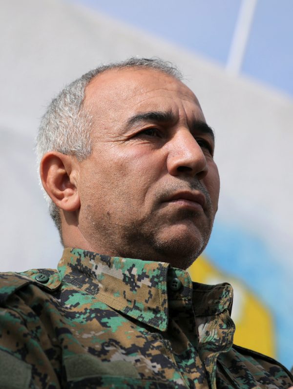 Jiya Furat talks during a press conference near Baghouz