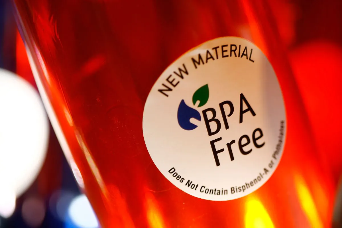 Water bottles with a BPA-free sticker hang on display at an outdoor supply store in Arcadia, California on April 16, 2008. (David McNew/Getty Images)