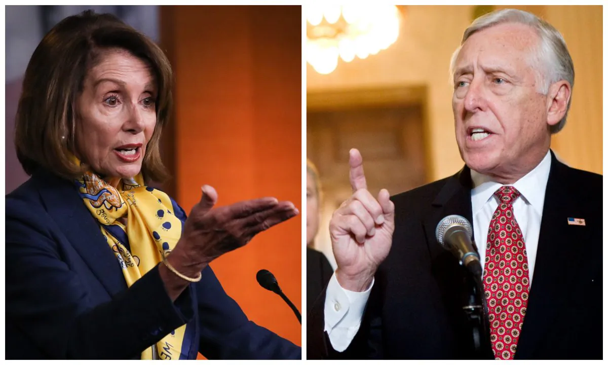Speaker of the House Nancy Pelosi (L); House Majority Leader Steny Hoyer. (Charlotte Cuthbertson/The Epoch Times; Brendan Smialowski/Getty Images)