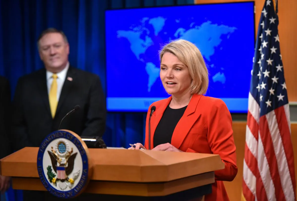 State Department spokesperson Heather Nauert introduces Secretary of State Mike Pompeo during the release of the 2017 Annual Report on International Religious Freedom on May 29, 2018, at the US Department of State in Washington. (Mandel Ngan/AFP/Getty Images)