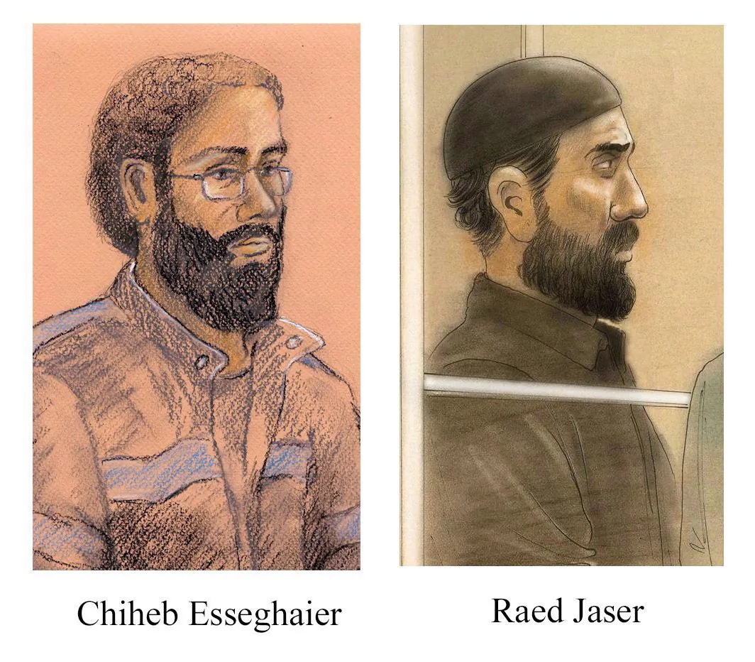 Artist sketches of Chiheb Esseghaier and Raed Jaser, are shown. The two men were found guilty of terrorism charges after being accused of plotting to derail a passenger train. They are asking Ontario's highest court to grant them a new trial, arguing the jury that convicted them was improperly selected. (The Canadian Press/Tammy Hoy, John Mantha)