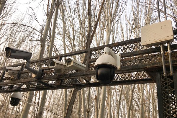 Security cameras are installed at the entrance to the Id Kah Mosque during a government organised trip in Kashgar