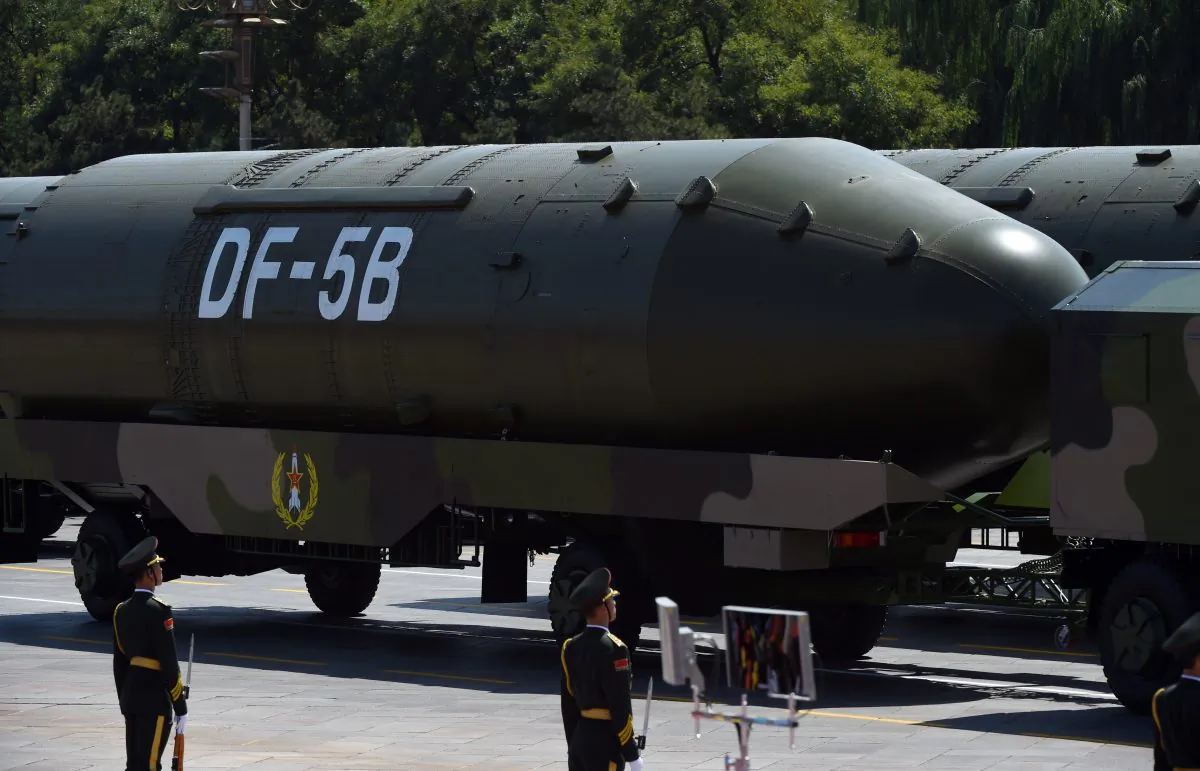 A DF-5B missile is displayed at a military parade at Tiananmen Square in Beijing on September 3, 2015. (GREG BAKER/AFP/Getty Images)