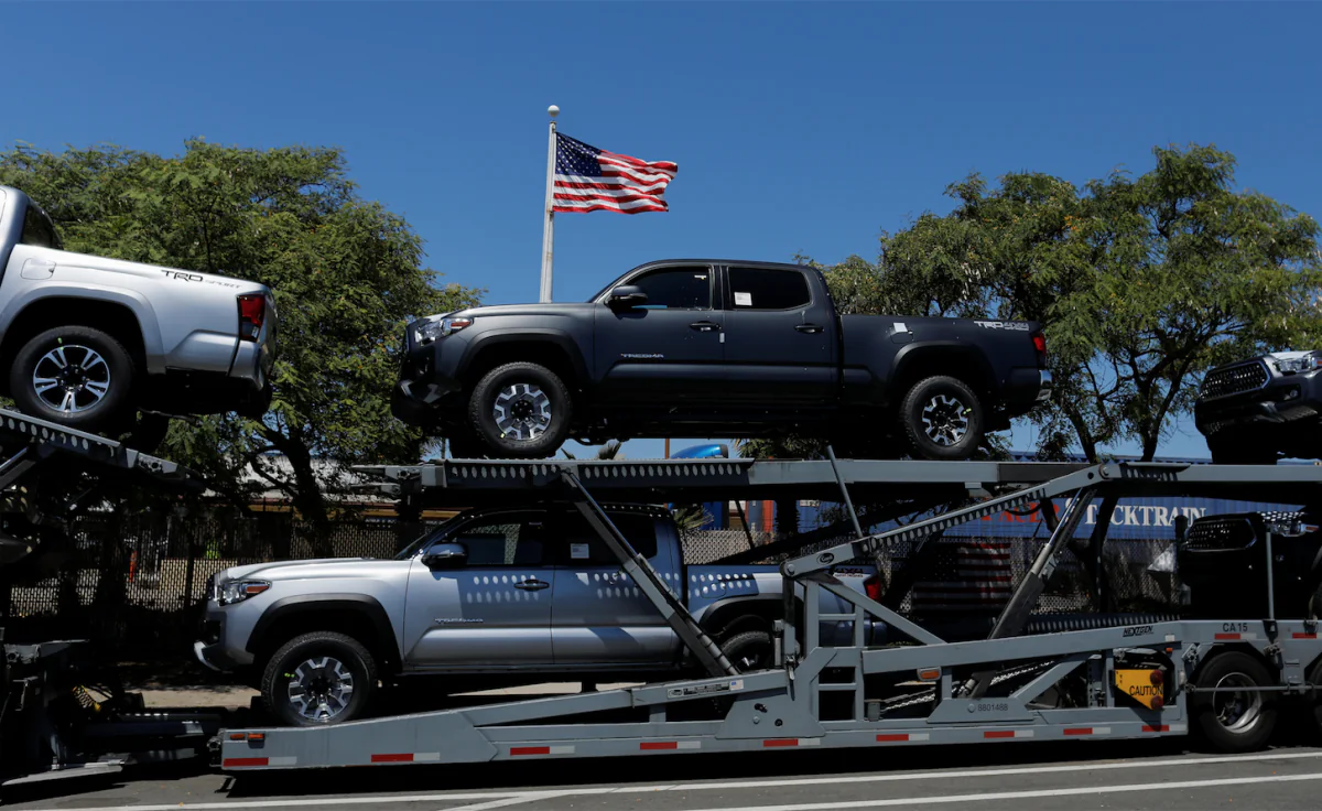 Toyota trucks are shown on a car carrier for delivery after arriving in National City, Calif., June 27, 2018. (REUTERS/Mike Blake.)